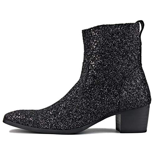 OSSTONE Dress Boot for Men Leather Glitter Chukka Designer Boots Casual Heel Shoes Zipper-up JY009-Silver Black-11.5