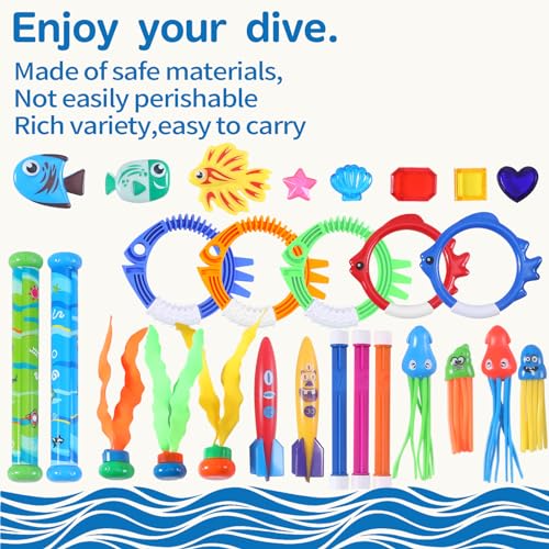 Woplagyreat Summer Pool Diving Swimming Toys for Kids, Fun Swim Games Sinking Set, Underwater Dive Gifts with Storage Bag Include Torpedo Gems Shark Rings Sea Animals for Boys Girls Toddlers 20 Packs