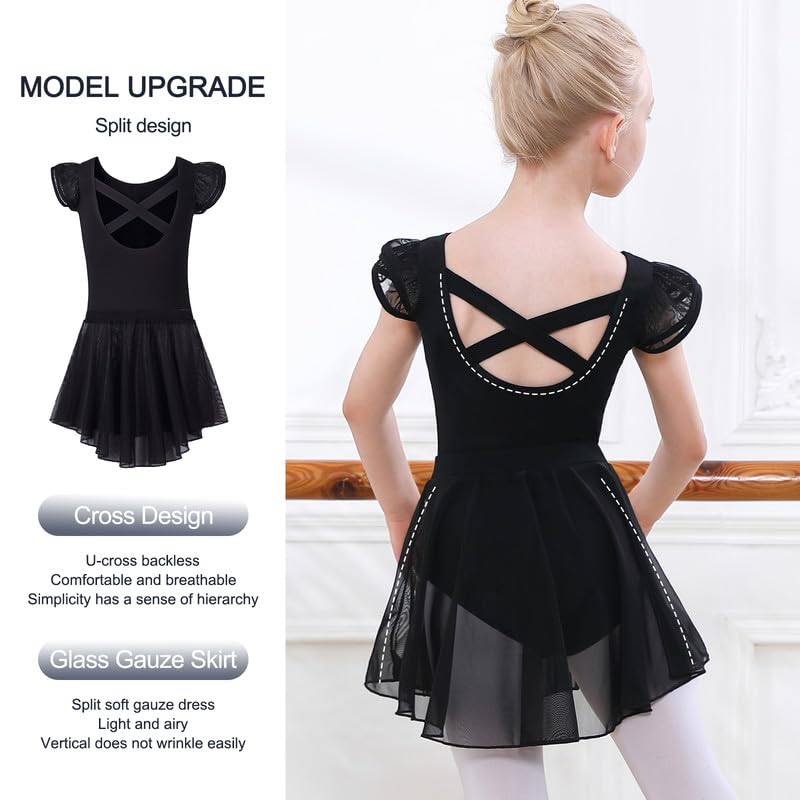 DIPUG Girls Ballet Leotards with Removable Skirt Toddler Flutter Sleeve Criss Cross Back Dance Leotard Combo 2t 3t 4t XS Black