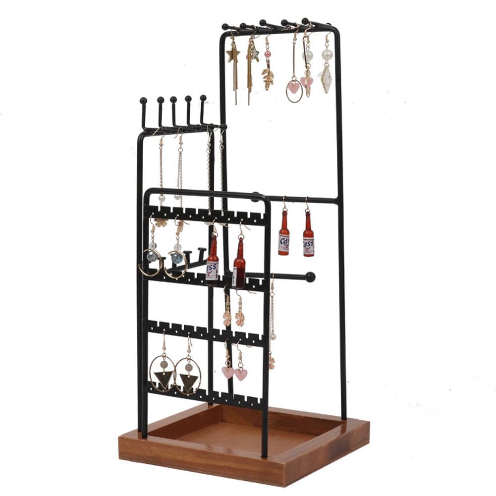 SPAKOWN Jewelry Organizer Stand Jewelry Holder with Wood Base 27 Holes 10 Hooks for Earring Necklace Ring Bracelets Display and Storage