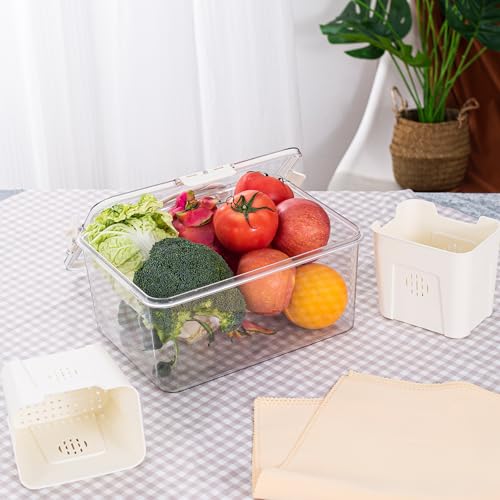 Bandesun Airtight Fruit Storage Containers for Fridge with Lids - 4 Grids, Handle & Removable Colanders, BPA-Free Fresh Produce Saver & Refrigerator Organizer Bins