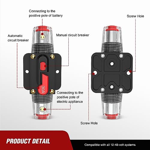 Nilight 40A Circuit Breaker Resettable 12-48V DC Manual Reset w/Copper Wire Lugs Surface Mount Overload Protection for Car Audio Sound Amplifier System RV Marine Boat Truck, 2 Years Warranty