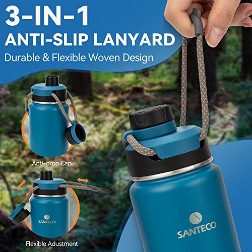 Insulated Water Bottles 24 oz, Santeco Stainless Steel Bottle with Lanyard & Wide Mouth Spout Lid, Leak Proof, Double Wall Vacuum Water Bottle, Keep Drinks Hot & Cold for Hiking Camping