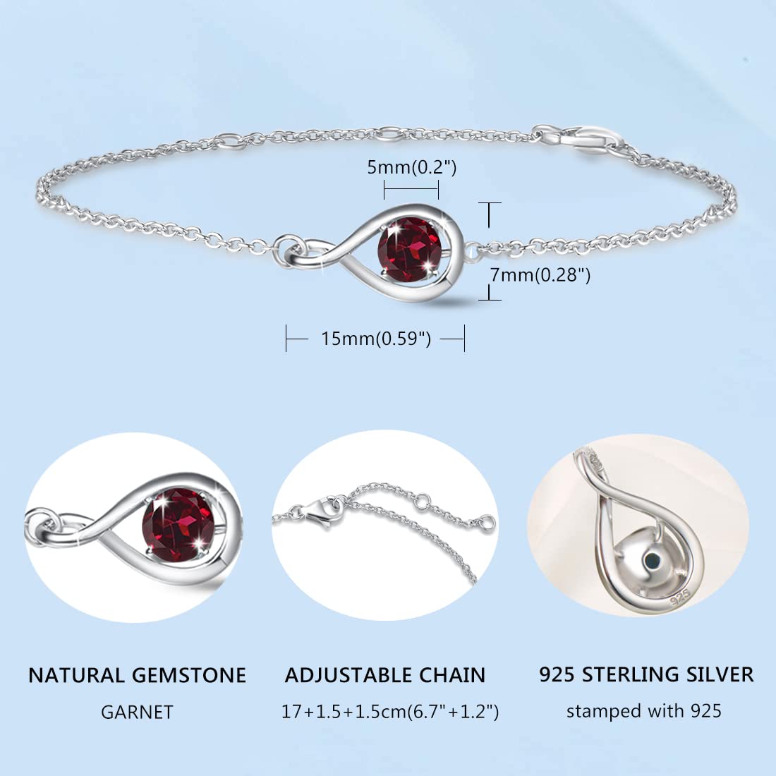 FANCIME Garnet Bracelet 925 Sterling Silver Dainty Infinity Red Link Bracelets January Birthstone Fine Jewelry Birthday Anniversary Christmas Gifts for Her Women, Chain Length 6.7+1.2"