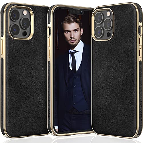 LOHASIC Phone Case for iPhone 14 Pro, Vintage PU Leather Luxury Elegant Men Women Cover, Anti-Slip Grip Scratch Resistant Protective Drop Proof Slim TPU Bumper, 6.1 Inch, 5G, 2022 - Black Gold