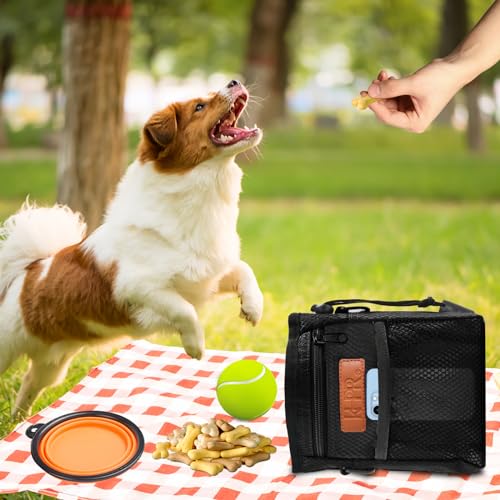 KHPR Dog Treat Training Pouch Easily Carries Pet Toys Kibble, Treats Built-in Poop Bag Dispenser 3 Ways to Wear Comes with a Foldable Silicone Bowl (Black)