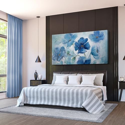 AJAZIKO Large Wall Art Canvas Decor, Blue Flowers Theme Pictures for Bedroom, Wall Decor for Living Room, Wall Art Prints- Wall Art for living room