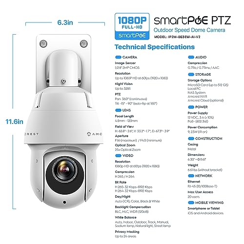 Amcrest 2MP Outdoor PTZ POE + IP Camera Pan Tilt Zoom (Optical 25x Motorized) POE+ Camera Security Speed Dome, CMOS Image Sensor, 328ft Night Vision, POE+ (802.3at) F1.6, IP66, IP2M-863EW-AI-V2