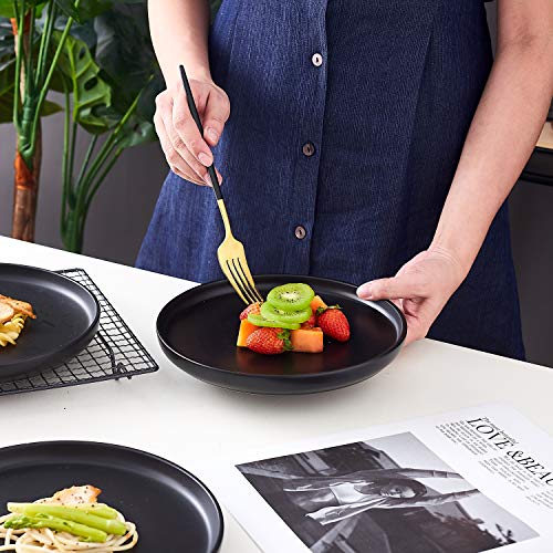 Bruntmor 6 Inch Ceramic Plate Set of 4, Round Black Color Ceramic Salad Plate, Ceramic Dinner Plates, Ceramic Plates Set for 4, Plate Sets Microwave Safe