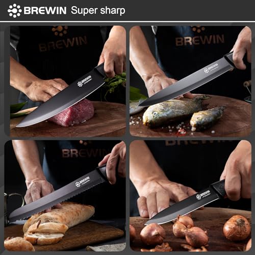 Brewin Knife Set, Kitchen Knife Set, Knives Set for Kitchen with Universal Knife Block, Utility Knife Block Set, Dishwasher Safe. Premium German Stainless Steel, The Best Gift, Black