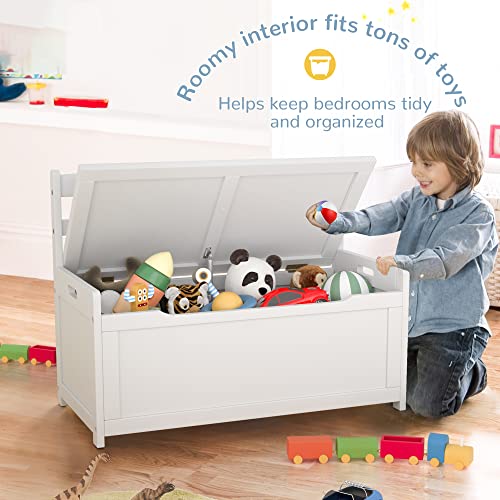 Curipeer Kids Toy Box Chest, Gray Rubber Wood Toy Box for Boys Girls, Large Storage Cabinet with Cushion Seat Bench/Flip-Top Lid/Safety Hinge, Toy Storage Organizer Trunk for Nursery, Playroom