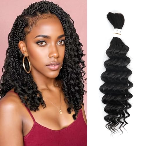 Deep Wave Bulk Human Hair for Braiding 1 Bundle 50g 28 Inch No Weft 10A Brazilian Virgin Curly Human Hair Extensions for Boho Braids Wet Wavy Human Braiding Hair (28",1B)