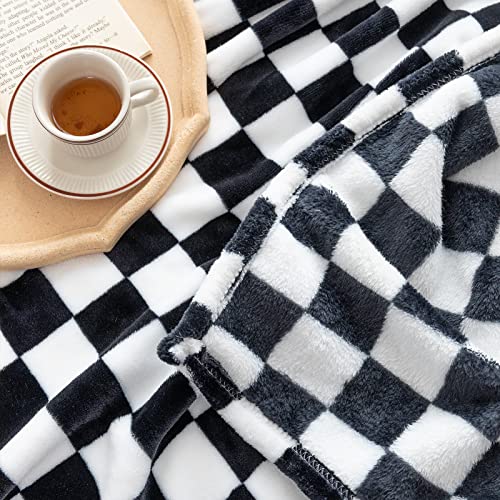 LOMAO Throw Blankets Flannel Blanket with Checkerboard Grid Pattern Soft Throw Blanket for Couch, Bed, Sofa Luxurious Warm and Cozy for All Seasons (Navy, 50"x60")