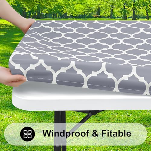 Smiry Rectangle Picnic Tablecloth, Waterproof Elastic Fitted Table Covers for 5 Foot Tables, Wipeable Flannel Backed Vinyl Tablecloths for Camping, Indoor, Outdoor (White Morocco, 30x60 Inches)