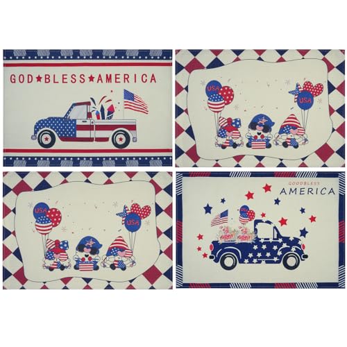 Wegitcs 4th of July Placemats, Patriotic Memorial Day Kitchen Dining Table Decor, Washable Cotton Linen Independence Day Placemats, Vintage Truck American Flag Stars Placemats