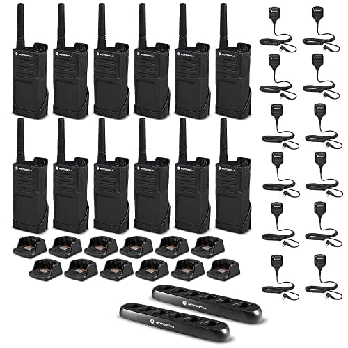 12 x Motorola RMM2050 On-Site 2-Way Radio (RMM2050) 2 x Motorola 6 Bank Charger + 12 x HKLN4606 Remote Speaker Mic - 12 Pack with Mics Bundle