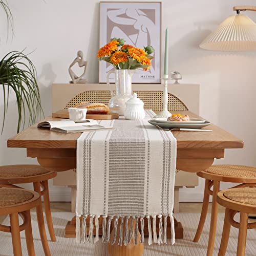 Caflife Boho Table Runner Natural Stripe for Modern Farmhouse Coffee Table Decor, Rustic Woven Runner with Handcrafted Tassels for Home Dining Table décor 13 x 60 Inch Long
