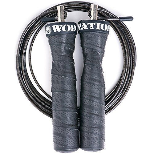 WOD Nation Attack Speed Jump Rope - Black Alloy Steel Handles - Weighted & Speed Cable System - Includes 11 ft Heavy (3.3 mm) & Light (2.2 mm) Cables for Men & Women