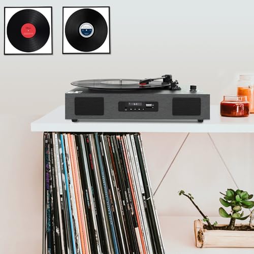 Record Player Bluetooth 3-Speed Vinyl Record Player with Stereo Speakers, USB Recording, RCA Line-Out, AUX-in, Retro Phonograph Turntable for Vinyl Records, Black