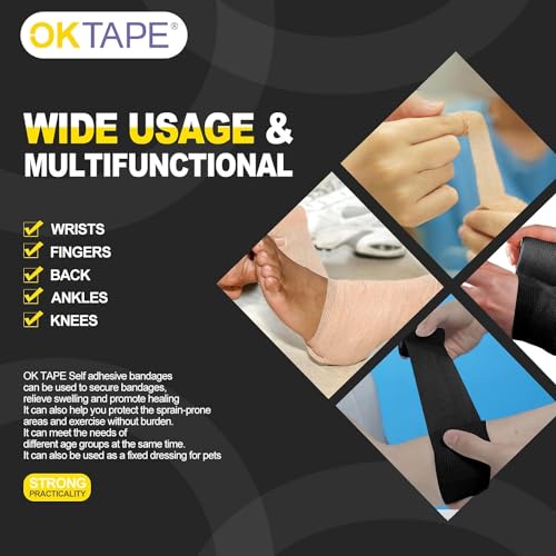 OK TAPE 12 Rolls Self Adhesive Bandage Wrap, Elastic Athletic Tape, Self Stick Bandage Tape, Vet Wrap, Medical Wrap for Wrist, Feet, 2" x 5 Yards - Beige