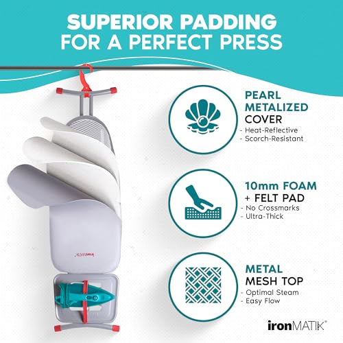 ironMATIK, Space Saver Ironing Board, 45.5"X15" Area (Board Length 35.5"), Easy Storage, 6 Levels of Adjustable Height, Heat Resistant Silicone Tray, Padded Top, Ideal for Small Spaces, Made in EU