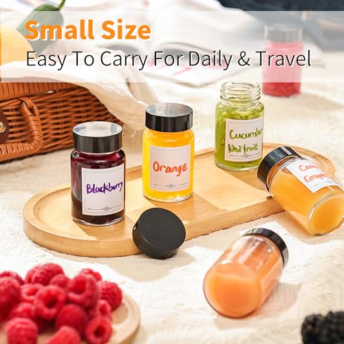 8 Pack 2 oz/60 ml Clear Glass Bottles with Black Caps & Labels, Small Glass Jar for Ginger, Wellness Shot, Juice, Sample, Leakproof Mini Travel Essential Bottles - Wide Mouth, Dishwasher Safe