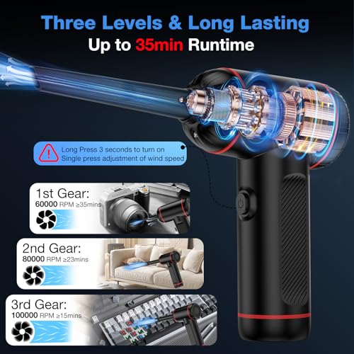 Compressed Air Duster, 3 in 1 Cordless Electric Air Duster, Vacuum & Inflate Swimming Ring, 3 Gear Adjustable 100,000RPM Wireless Handheld Mini Car Vacuum Cleaner & Keyboard Air Blower with LED Light