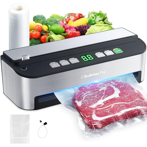 Vacuum Sealer Machine, Beelicious® 85KPA Fully Automatic 8-IN-1 Food Sealer with Bags Storage, Build-in Cutter, Moist Mode and Air Suction Hose | Digital Countdown | Sous Vide