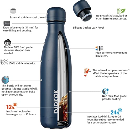 BJPKPK Insulated Water Bottles -17oz/500ml -Stainless Steel Water bottles, Sports water bottles Keep cold for 24 Hours and hot for 12 Hours, water bottles for travel,Navy blue