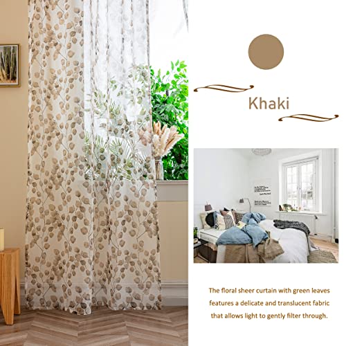 Yancorp Leaf Curtains 79 Inch Length for Living Room 2 Panels Tulle Vine Window Leaf Prints Sheer Curtains Set Transparency Sheer Drapes(Khakileaves,W39 X L79)