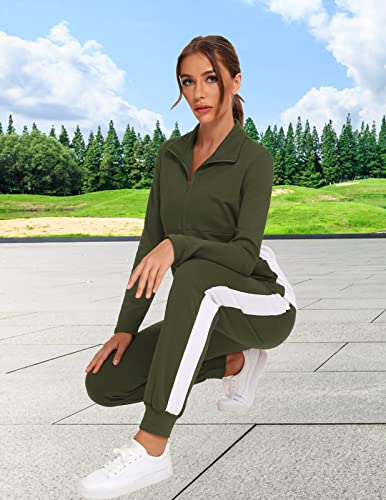 HALCYEEN Women's Striped Jogging Suits Set Soft Cotton Pants and Jacket Outfit with Pockets Army Green S