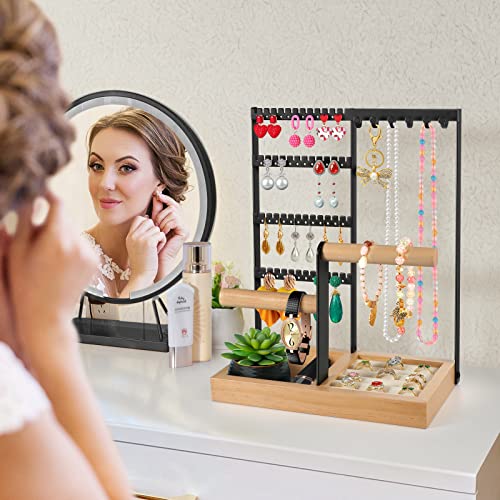 Godboat Jewelry Holder Organizer, 4-Tier Earring Holder with 48 Holes, 6 Hooks Necklace Holder, Removable Bracelet Holder, Gifts for Women, Mom, Mother's Day, Cool Preppy Stuff and Room Decor, Black