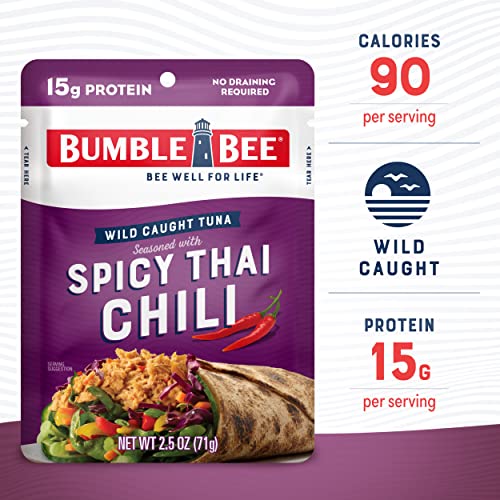 Bumble Bee Spicy Thai Chili Seasoned Tuna, 2.5 oz Pouches (Pack of 12) - Ready to Eat - Wild Caught Tuna Pouch - 15g Protein per Serving - Gluten Free