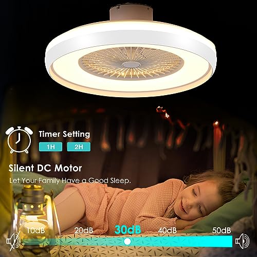 HUMHOLD 24" Low Profile Ceiling Fan with RGB Lights, Bladeless Ceiling Fan with Remote/APP/Voice Control, 6 Speeds Flush Mount Smart Ceiling Fan for Kids Bedroom/Kitchen/Dining Room