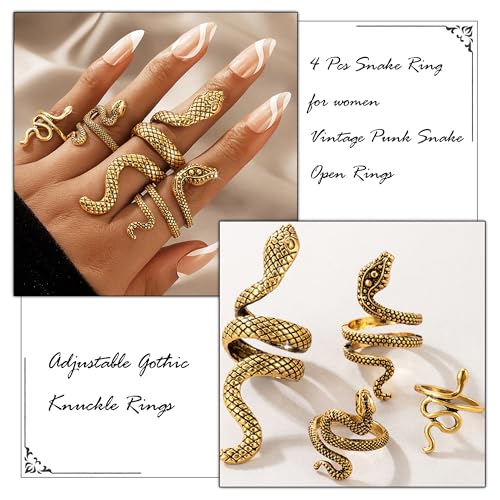 Frodete Snake Stackable Rings for Women Snake Jewelry Set Adjustable Vintage Reptile Serpent Rings Punk Goth Knuckle Rings Halloween Party Costume Accessories