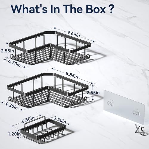 YASONIC Corner Adhesive Shower Caddy, with Soap Holder and 12 Hooks, Rustproof Stainless Steel Bathroom Organizer, No Drilling Wall Mounted Rack, Black, 3-Pack