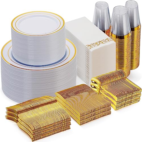 Goodluck 700 Piece Gold Dinnerware Set for 100 Guests, Disposable for Party, Include: 100 Gold Rim Dinner Plates, 100 Dessert Plates, 100 Paper Napkins, 100 Cups, 100 Gold Plastic Silverware Set