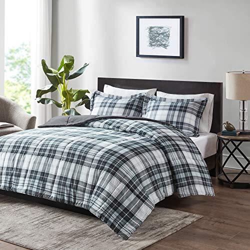 Madison Park Essentials Parkston Plaid Comforter, Matching Sham, 3M Scotchguard Stain Release Cover, Hypoallergenic All Season Bedding-Set, Twin/TwinXL, Black, 2 Piece