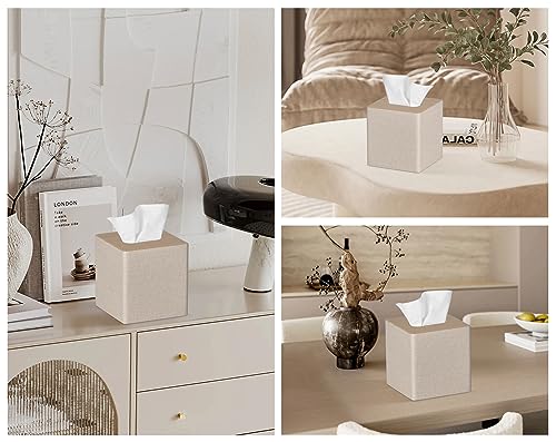 GOLRANLYE Tissue Box Cover Square PU Leather Facial Tissue Box Holder for Dresser Bathroom Decor (Beige)