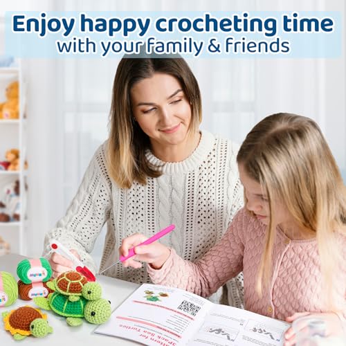 Mewaii Crochet Kit for Beginners, Crochet Animal Kit with Step-by-Step Video Tutorial, Learn to Crochet Starter Kit with 40%+ Tape Yarn, DIY Crochet Gifts for Kids Adults (Three Pack Turtles)