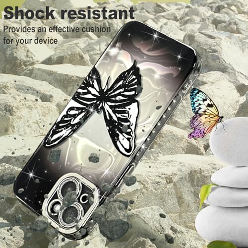 MGQILING Compatible with iPhone 14, Cute Butterfly Star Pattern Case, Luxury Water Ripple Design for Women Girls Anti-Drop Full Camera Lens Protective Back Cover-Black