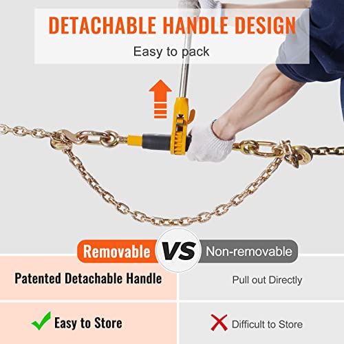 VEVOR Ratchet Chain Binder with Chain 5/16-3/8 inch, 7100 lbs Load Limit G80 Chain, Detachable Anti-Skid Handle, Tie Down Hauling Chain Binders for Flatbed Truck Trailer, 2 Set Black & Yellow