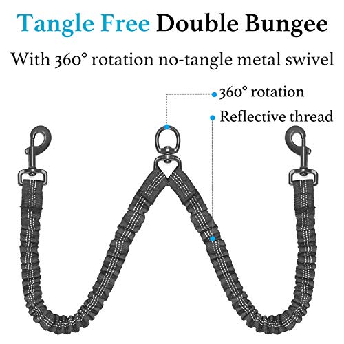 iYoShop Dual Dog Leash, 360 Swivel No Tangle Walking Leash, Shock Absorbing Bungee for Two Dogs, Black, Medium (8-35 lbs)