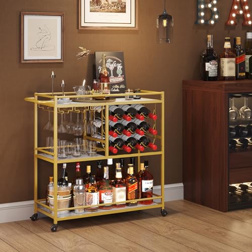 Lifewit Bar Cart for The Home, 3 Tier Drink Cart with Lockable Wheels, 12 Wine Rack and 3 Rows Glass Holders, Liquor Serving Cart for Kitchen Dining Livingroom, 31.6" x 13.1" x 33.9", Gold