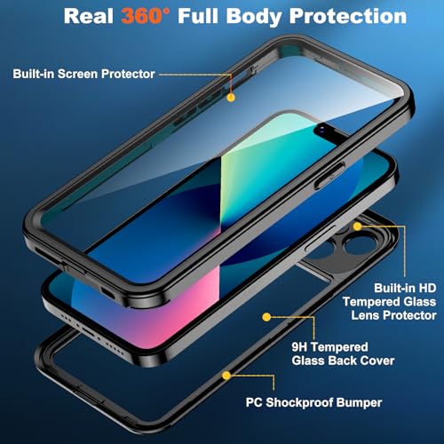 SPIDERCASE for iPhone 13 Case Waterproof,Built-in【9H Tempered Glass】 Camera Lens & Screen Protector【IP68 Underwater】【15FT Military Shockproof】 Full Body Protection Rugged iPhone 13 Case 6.1’’,Black