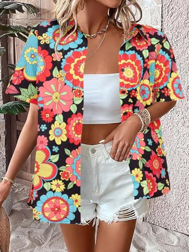 Vintage Hawaiian Shirt Woman 60s 70s Outfit Disco Hippie Party Shirts Floral Button Up Short Sleeve Tops Black