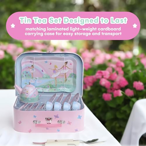 Jewelkeeper Tea Set for Little Girls - 15-Piece Tin Tea Party Set, Ballerina Design - Safe and Durable Toy Kids Tea Set with Carrying Case - Ideal Gift for Kids