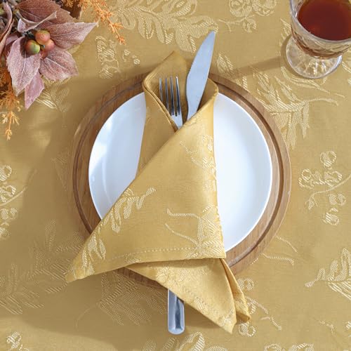 Elrene Home Fashions Elegant Woven Leaves Jacquard Damask Cloth Napkin Set, 17" x 17", Pack of 8, Gold