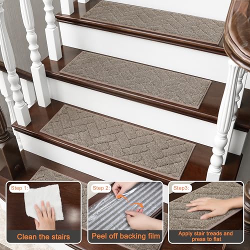 BEQHAUSE Stair Treads Non Slip Stair Runners Step Carpet Mat for Wooden Steps Indoor Machine Washable 28inX9in Edging Polyester Soft Stair Rugs for Kids Elders Pets with TPE Backing(Grey,4pcs)