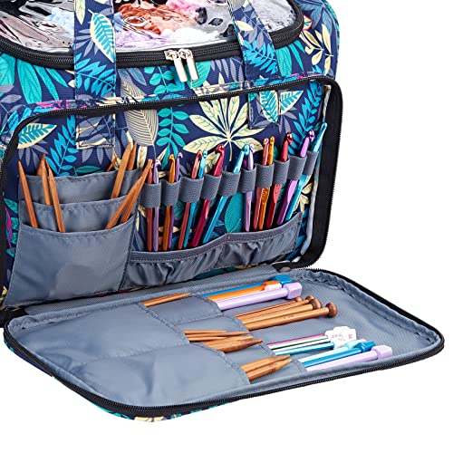 HOMEST XL Yarn Storage Bag, Large Organizer for Crochet Hooks, Needles, Woolen Skeins and Accessories, Knitting Tote with Removable Inner Dividers, Floral